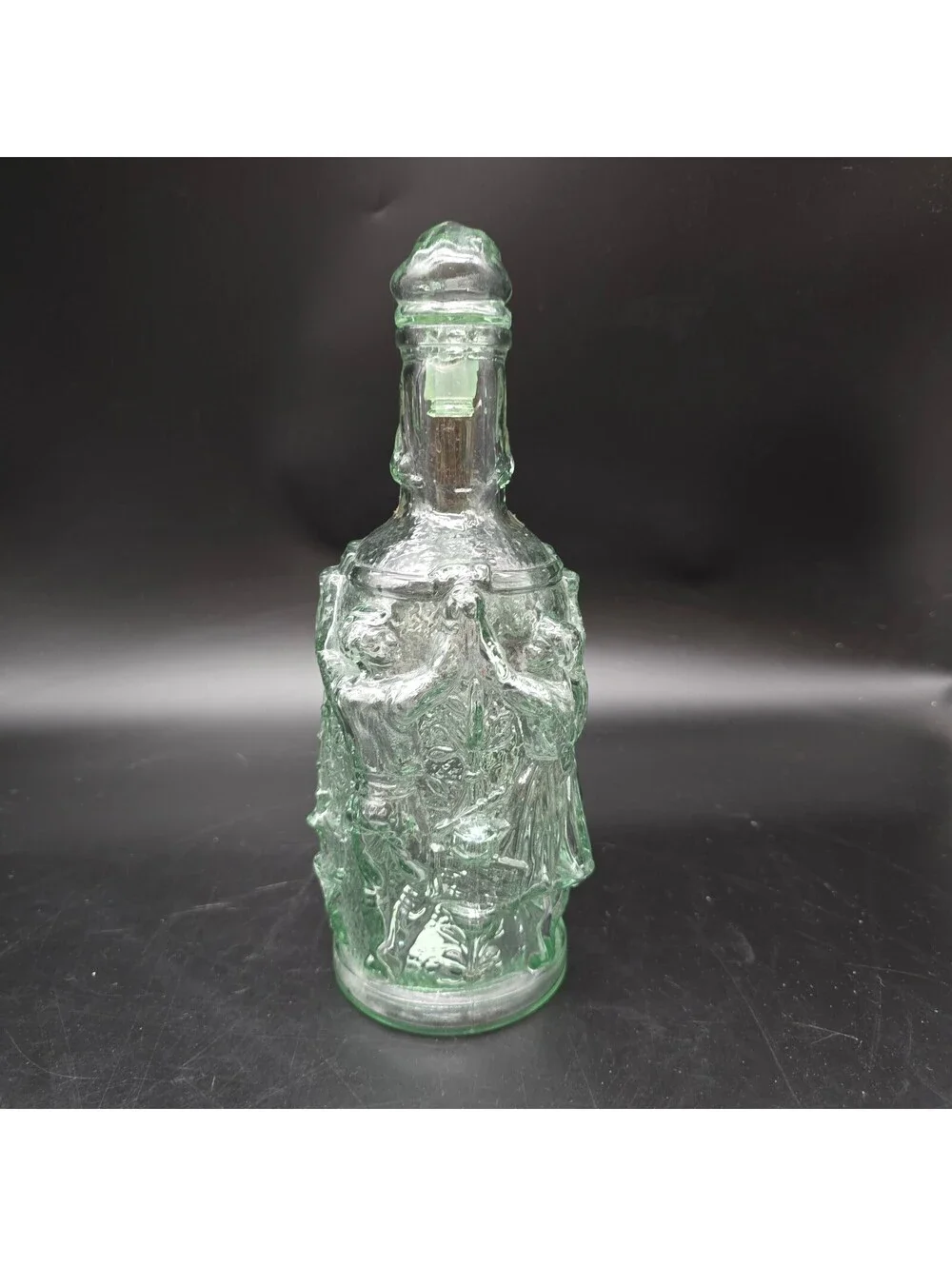 Vintage Spanish Green Glass Decanter Bottle w/ Stopper 3D Dancing Musicians 11.5